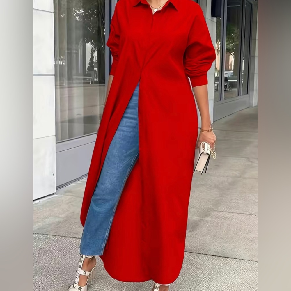 Passion Elegant Button Up Long Sleeve Lapel Collar Shirt Dress W/Pockets